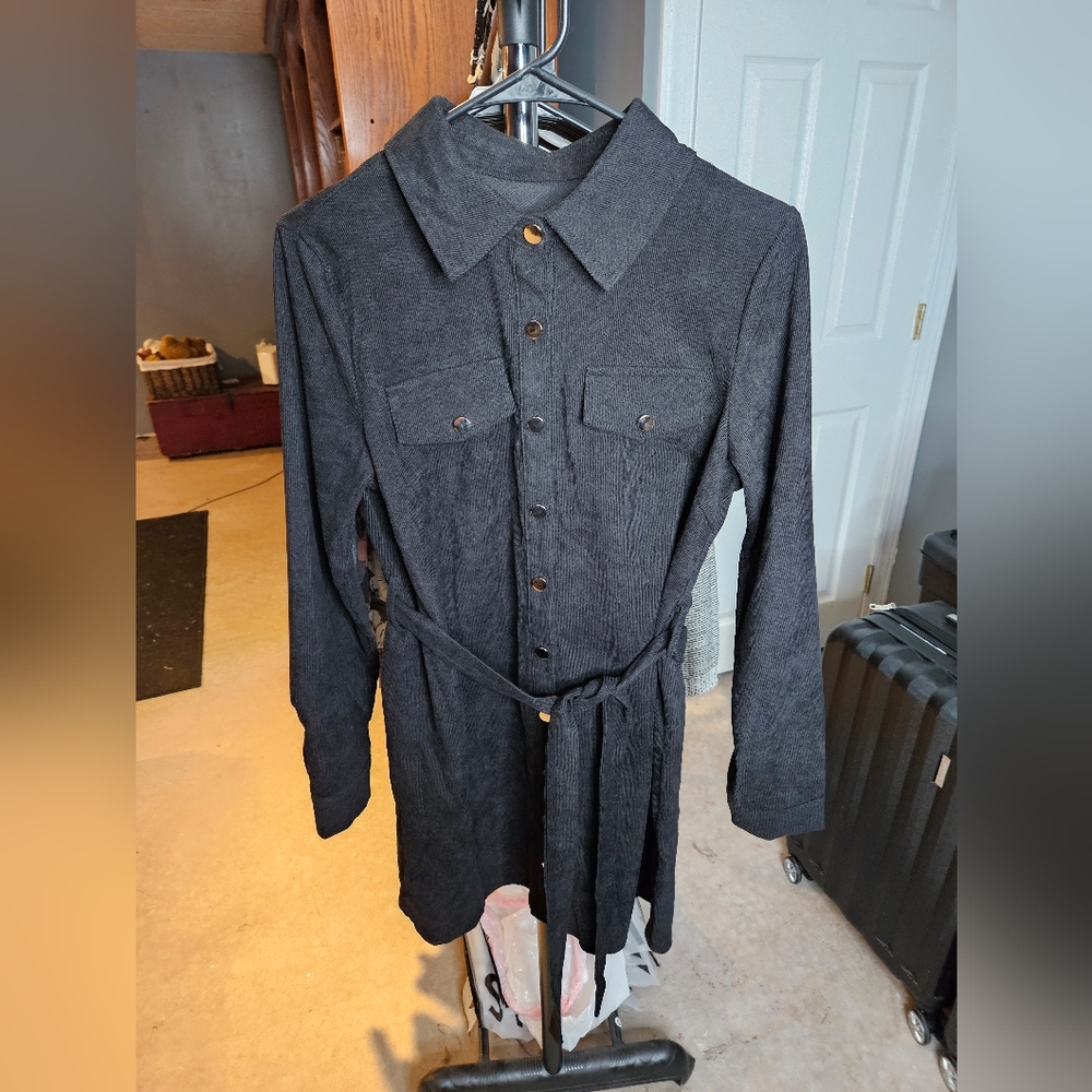 Shein Black Corduroy Belted Shirt Dress